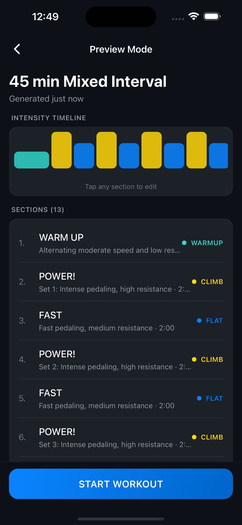 Workout session screen showing intensity timeline across 5 energy zones