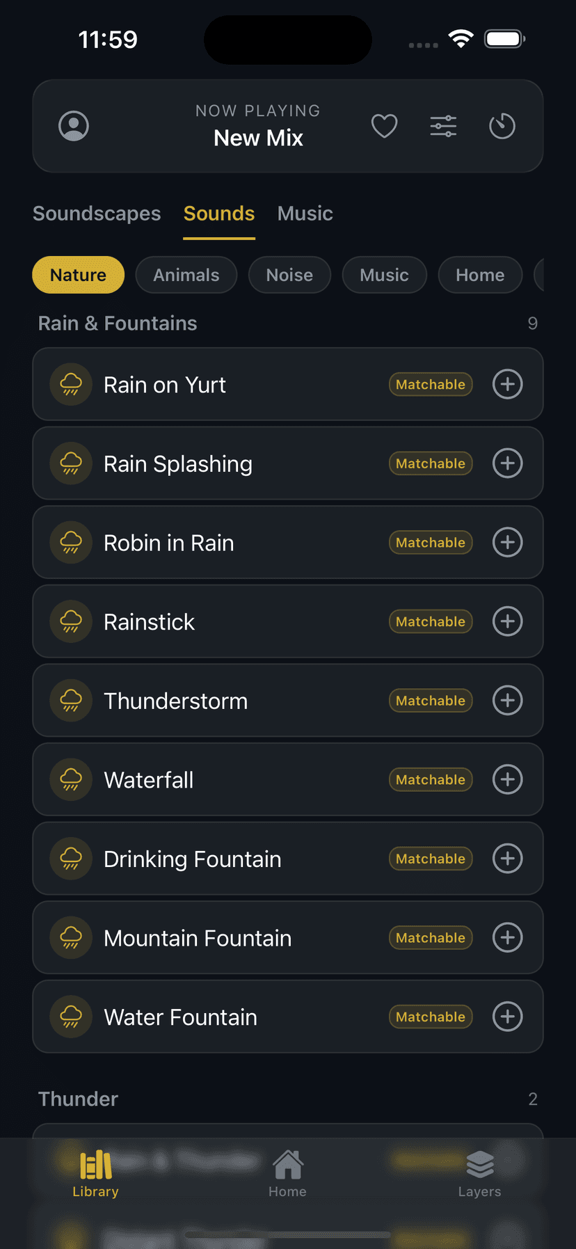 Sound library with 95+ individual sounds across noise, tonal, and nature categories