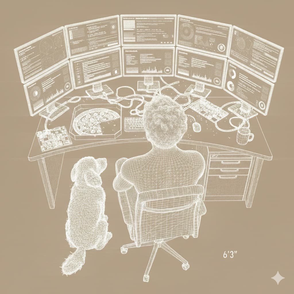 Wireframe illustration of a developer at a multi-monitor workstation with a dog beside them