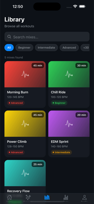 Track library with AI-generated music sorted by BPM and genre