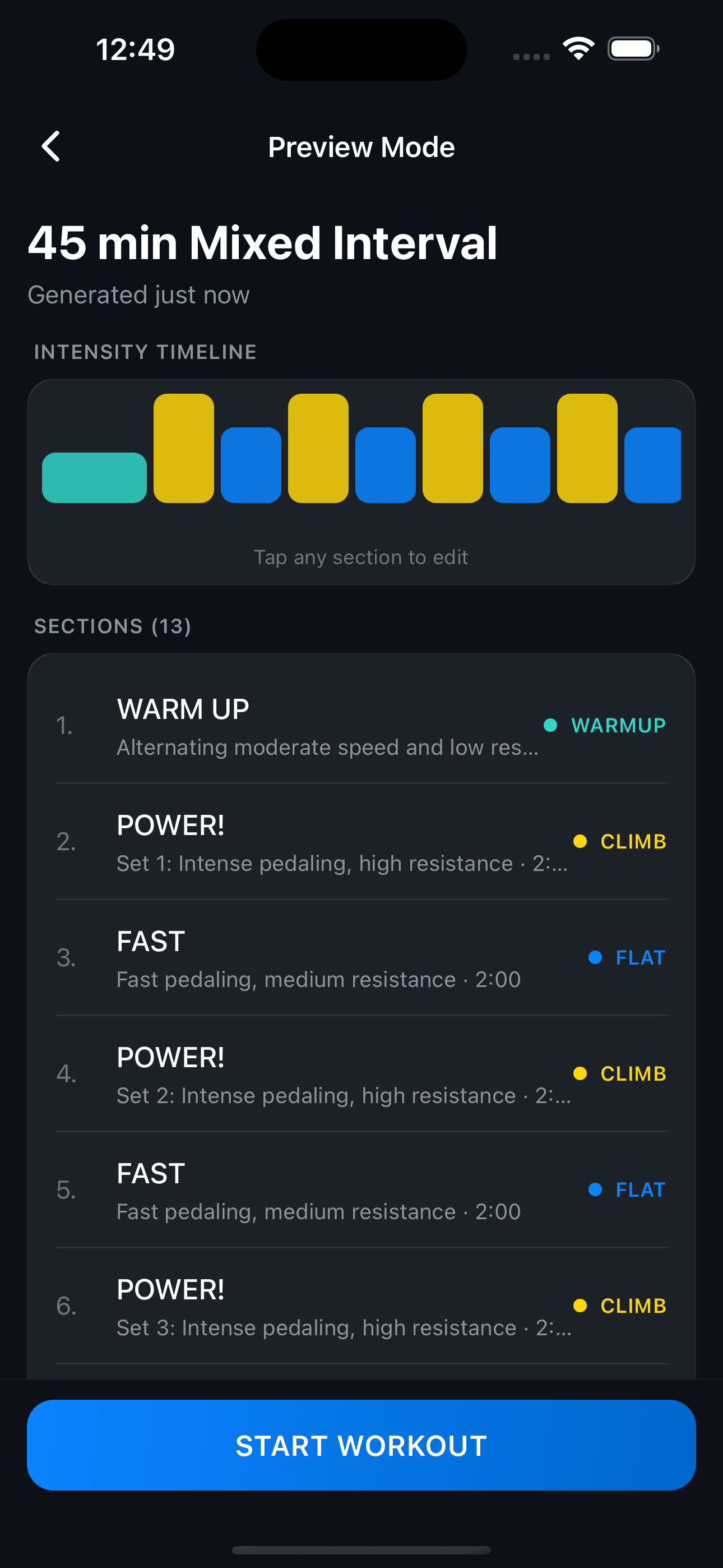 Cycling Beats cycling workout app, 45-minute mixed interval session with intensity timeline