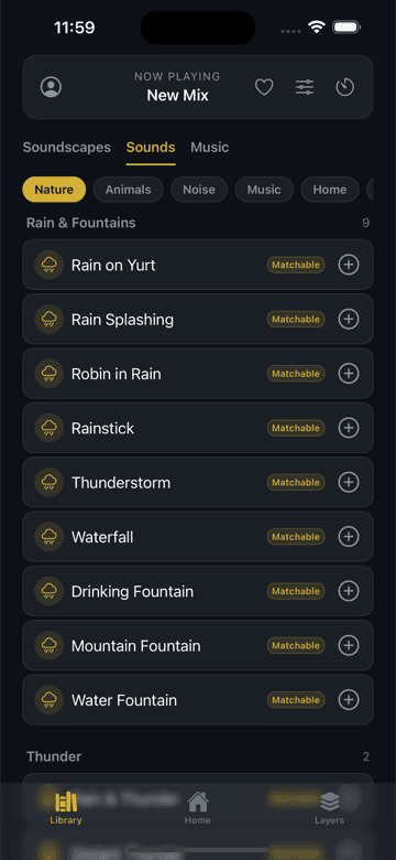 Sound library with 95+ individual sounds across noise, tonal, and nature categories